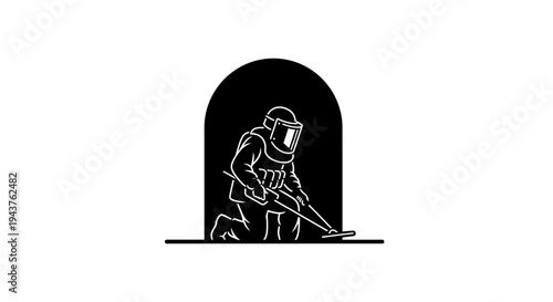 Miner in protective suit with metal detector in dark tunnel, searching for treasure