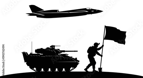 Military Victory: Soldier Plants Flag Beside Tank and Jet