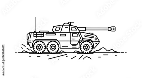 Modern Armored Vehicle Icon: 6x6 Wheeled Tank with Cannon, Line Art Illustration