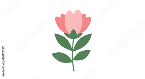 Minimalist illustration of a single pink flower with five petals and a dark green stem with four leaves on white.