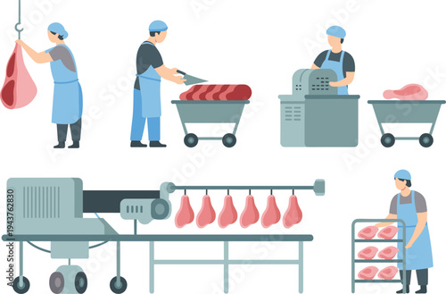 Meat processing factory workers cutting and packaging raw meat on conveyor production line in modern food industry facility illustration