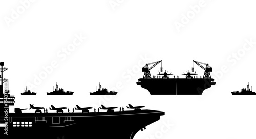 Naval Fleet Silhouette: Aircraft Carrier, Warships, and Jets on White Background