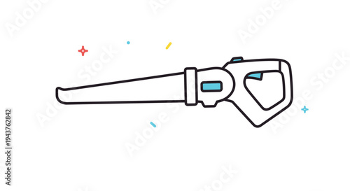Modern cordless handheld leaf blower garden tool illustration with colorful abstract stars and shapes on a white background for yard work.