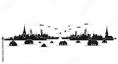 Naval Fleet Silhouette Over Coastal Town Skyline with Churches and Houses