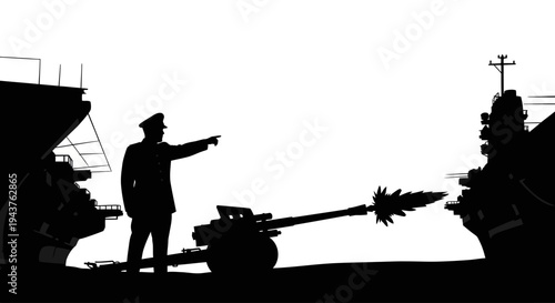 Naval Officer Directs Artillery Fire from Warship Deck Silhouette