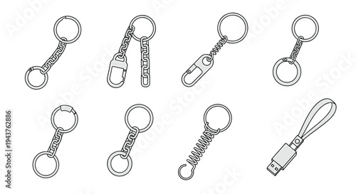Various types of metal key rings and keychains including chains springs and clips shown in a collection of black and white sketches.