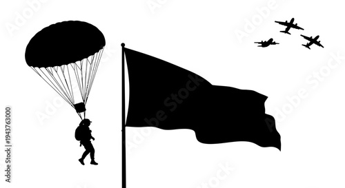 Paratrooper Descending Near Waving Flag and Airplanes Silhouette