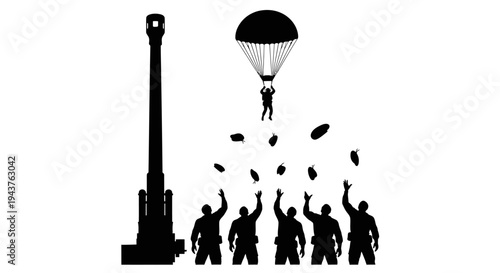 Paratrooper Jumps from Cannon Barrel, Soldiers Catching Supplies