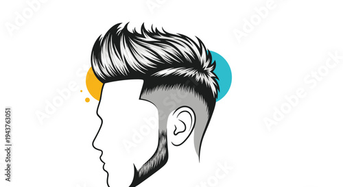 Profile view of a man with a stylish modern haircut and neat beard shown as a black and white graphic with colorful background circles.