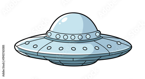 Classic silver flying saucer or UFO spacecraft with a domed cockpit and rivets shown as a clean cartoon illustration for sci-fi fans.