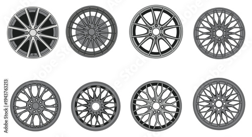 Collection of various modern car alloy wheel rims with complex spoke patterns and metallic finishes shown in a two row grid layout.