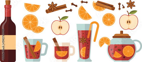 Mulled wine ingredients vector illustration with oranges apples cinnamon star anise cloves bottle mugs teapot winter hot drink set