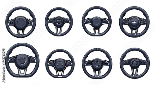 Selection of eight different modern car steering wheels with various buttons and leather textures arranged in a grid for automotive design.