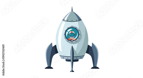 White rocket ship spacecraft with an astronaut visible through the circular window taking off on a journey to the outer space stars.