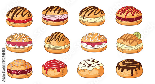 Collection of various cream puffs and sweet pastries with different toppings like chocolate strawberry and vanilla icings in rows.