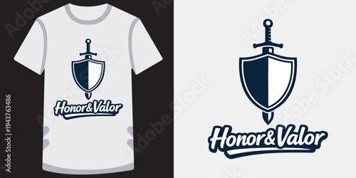 Creative tshirt design featuring a medieval shield with a sword emblem and stylish typography text for honor and valor themes