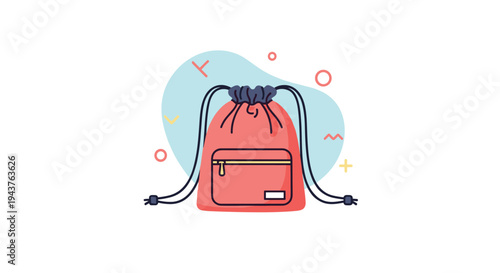 Pink drawstring cinch backpack illustration with abstract geometric shapes on a light blue background for school sports and travel equipment.
