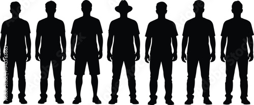 Male silhouettes standing in a row isolated on white background, casual men clothing, human body proportions, posture comparison, and people diversity concept