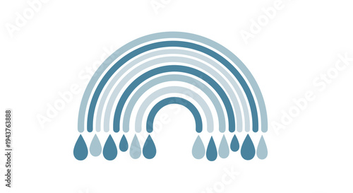 Minimalist blue rainbow illustration with hanging teardrop shapes for baby nursery decor and peaceful weather related graphic designs.