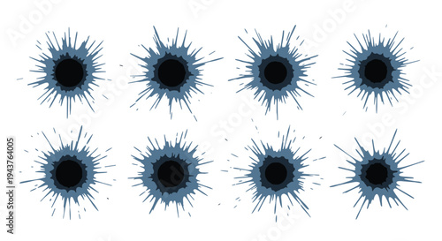 Set of eight blue ink splatters or impact marks with radiating lines for artistic background elements and grunge graphic design projects.