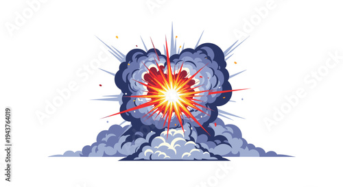 Powerful cartoon explosion with orange sparks and billowing grey smoke clouds for action comic book and video game special effects.