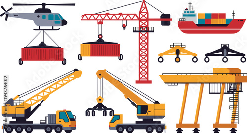 Industrial transport and lifting machinery collection including cranes, cargo ship, helicopter and container handling equipment isolated construction and logistics illustration set