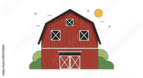Countryside illustration of a red wooden barn house under a bright yellow sun with birds flying for rural life and agriculture themes.