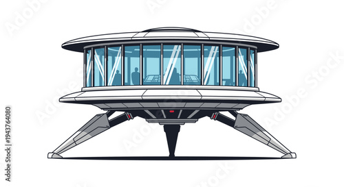 Futuristic building or spaceship structure with glass windows and mechanical legs for science fiction and space exploration concepts.
