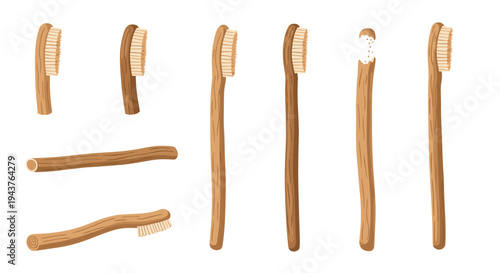 Collection of eco-friendly wooden toothbrushes shows various perspectives of sustainable bamboo dental care products.