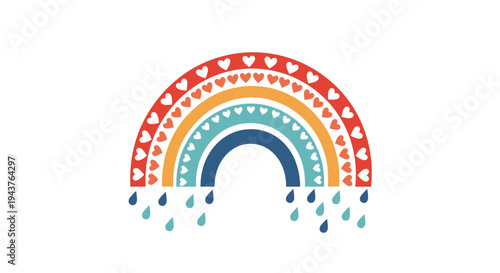 Colorful boho style rainbow is decorated with rows of hearts and features soft raindrops falling from the bottom edge.