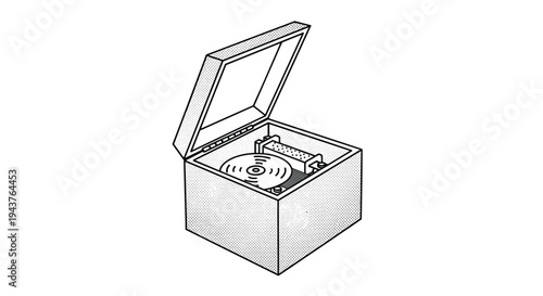 Charming open music box reveals its internal mechanical works including a rotating disc and metal comb for sound.