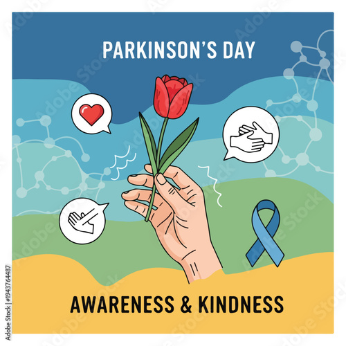A hand holding a tulip is surrounded by text bubbles for Parkinson's Day