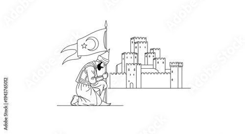 Ottoman soldier kneeling with Turkish flag before a castle, historical illustration