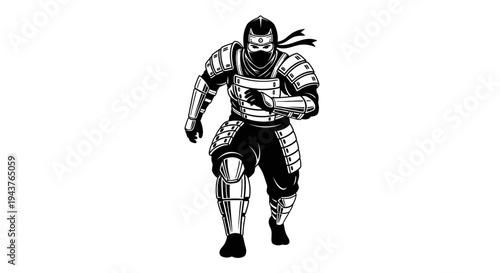 Ninja Warrior Running in Armor, Black and White Illustration