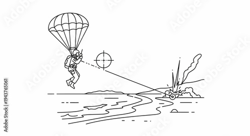 Paratrooper aiming weapon during combat landing near explosion and vehicle