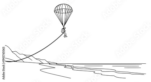 Parachutist descending towards a coastline with a parachute