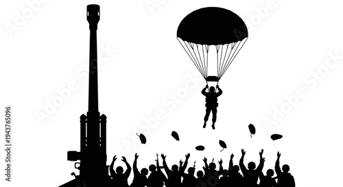 Paratrooper Jumps From Cannon Silhouette with Cheering Crowd