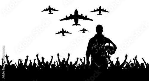Pilot Silhouette with Airplanes and Cheering Crowd