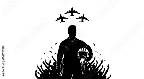 Pilot Silhouette with Fighter Jets and Cheering Crowd, Symbol of Aviation and Heroism
