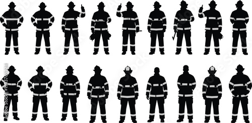 Firefighter silhouettes in protective uniforms isolated on white background, emergency service workers, fire rescue team, safety, and first responder concept