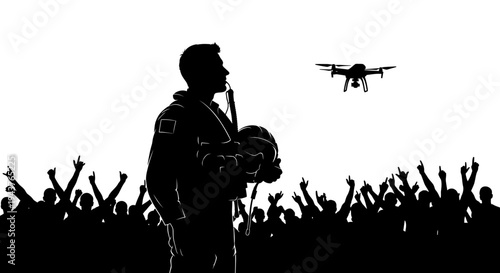 Pilot with Drone and Cheering Crowd Silhouette