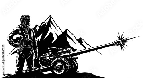 Pilot Standing Beside Artillery Cannon with Mountain Background, Military, Warfare, Aviation