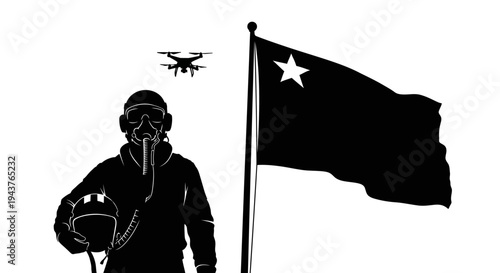 Pilot with Drone and Flag Silhouette