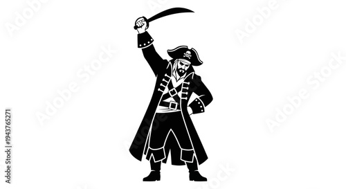 Pirate with Cutlass Raised in Victory, Black and White Silhouette
