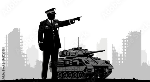 Police Officer Directs Tank in Ruined Cityscape