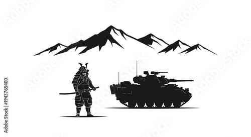 Samurai Warrior and Modern Tank Silhouette Against Mountain Range