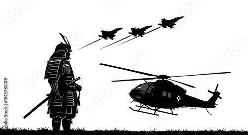 Samurai Warrior Confronts Modern Military Aircraft and Helicopter