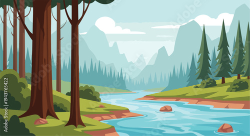 A scenic, cartoon-style river landscape with trees and mountains