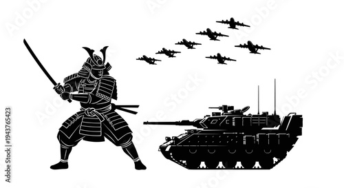 Samurai Warrior Confronts Modern Tank and Fighter Jets