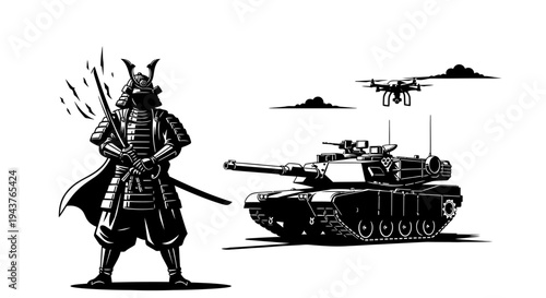Samurai Warrior Confronts Modern Military Tank and Drone in Black and White